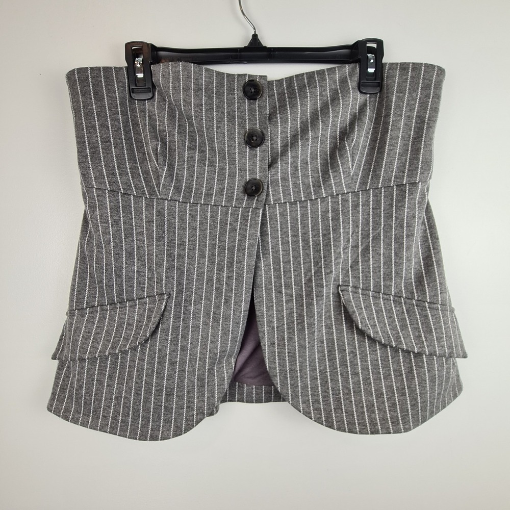 By Anthropologie‎ Strapless Blazer Top Gray Large Button Trendy Academia Striped